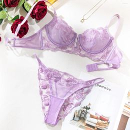 Bras Sets Purple Embroidery Romantic Elegant Low V-neck Sexy Bra Set Two Piece Wear Women Lingerie Women's Party