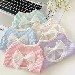 Dog Apparel Summer Thin Macaron Colour System Hollow Bow Pet Clothes Breathable Vest Cat Puppy T-Shirt Yorkshire