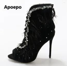 Boots Ladies Summer Feather Cover Bling Rhinestones Decor Ankle Women Lace Up Peep Toe Stiletto Heels Crystal Sandals