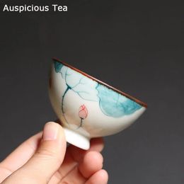 Vintage Ceramic Teacup Personal Meditation Cup Hand Painted Lotus Tea Bowl Master Handmade Boutique Set Accessories 240426