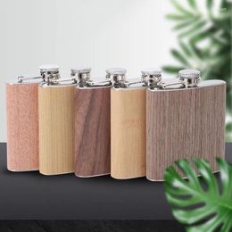 Hip Flasks 6oz Wood Leather Flask Stainless Steel Whiskey Wine Alcohol Flagon Bottle Drinkware For Gifts