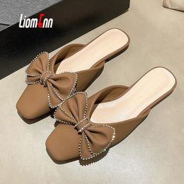 Slippers Crystal Bow Black Mules For Women Flats 2024 Summer Outdoor Slip On Elegant Sexy Party Dress Shoes Brown