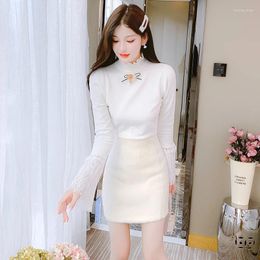 Work Dresses Autumn/Winter Turtleneck Women White Slim Fit Mesh Flared Sleeve Knit Top Short Skirt Two Piece Sets Lady Sweet Kawaii Outfits