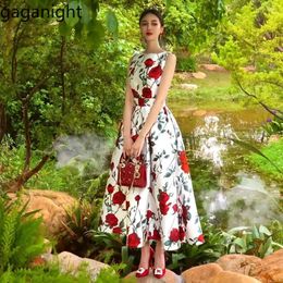 Casual Dresses Gaganight Women O Neck Rose Oil Painting Sleeveless High Waist Dress 2024 Summer Vintage 3D Cutting Slim A Line