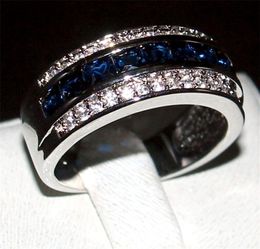 Luxury Princesscut Blue Sapphire Gemstone Rings Fashion 10KT White Gold filled Wedding Band Jewelry for Men Women Size 8910119337419