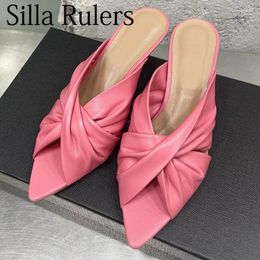 Slippers 2024 Real Leather Pointed Toe Kitten Heel Women Sexy Peep Cross Band Mules Travel On Vacation