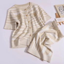 Work Dresses Summer Elegant Zebra Pattern Contrast Gold Button Short-sleeved Knitted Cardigan Tops Hip Skirt Korean Two-piece Set For Women