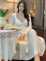 Women's Sleepwear Women French Fairy Vintage Princess Pyjamas Spring Floral Sweet Girls V-neck Lace Chest Pad Nightdress Victorian Sexy