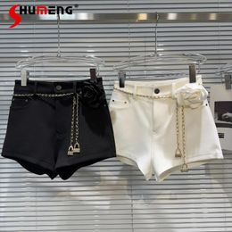 Women's Shorts 2024 Summer Chain Clothes Waist Large Flower Decorative Three-Point Suit Solid Color Straight