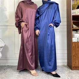 Ethnic Clothing Turkey Muslim Dress Hijab Women Abaya Pocket Simple Middle East Fashion Women's Solid Satin Long Sleeve Loose Robe