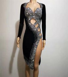 T39 Sexy women black hollow rhinestone dress crystals hip skirt elastic outfit latin dance costume party wears evening clothe dj p5613192