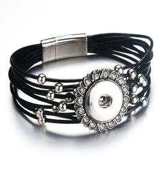 Magnet Buckle Black Rhinestone Snap Bracelet Real Genuine Leather Bracelet Fit 18mm Snap Button For Women Jewellery 91295557347