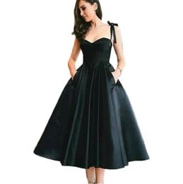 Spaghetti Straps ALine Satin Prom Dresses TeaLength Black Formal Dresses with Pockets Backless Bridesmaid Dress vestidos de gala8917255