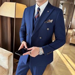 Men's Suits (Jackets Vest Pants) Groom's Wedding Dress Double-Breasted Striped High Quality Slim Fit Fashion Blazers 5XL-M