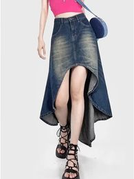 American Retro Irregular Denim Skirt Summer High Waist Streetwear Vintage Washed Midi Jeans Female 240424