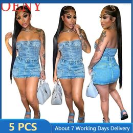 Work Dresses 5 Wholesale Items Denim Dress Sets Summer Y2k Elastic Two Piece Set Outfits Women Chest Wrap And Mini Skirt 13435