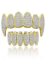 Top Quality 18K Gold Silver Colour Hip Hop Rapper Grillz Luxury Glaring Zircon Diamond Teeth Top and Bottom Grills for Men Women8161937