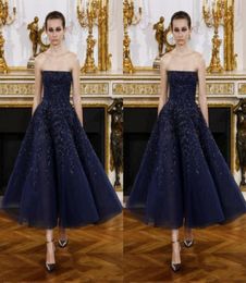 Sexy Dark Navy Strapless Evening Gowns 2017 Sparkly Applique Beads Tea Length Prom Dresses Zipper Back Formal Party Dresses Custom9884719