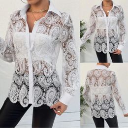 Women's Blouses Women Lace Sheer T Shirt Hollow Out Splice Full Sleeve Button Turn Down Collar Solid Shirts Summer 2024 Regular