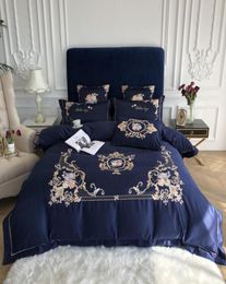 Royal Blue Elegant Embroidery 60S Satin Washed Silk Bedding Set Cotton Duvet Cover Bed Linen Fitted Sheet Pillowcases Bedclothes b7951912