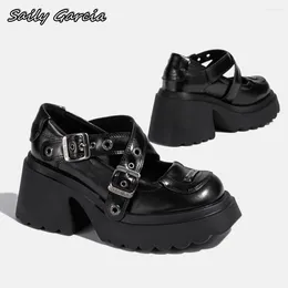Dress Shoes Mary Jane Punk Style Belt Buckle Strap Chunky Heel Pumps 2024 All-Match Shallow Cool Girl Round Toe Platform Casual