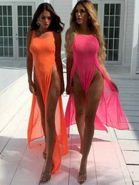 Women Beach Wear Women Bikini Cover Ups Mesh Sheer See Through Sexy Beach Dress Sleeveless High Slit Long Dress Swimsuit Sarong d240501