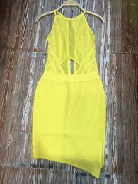 Casual Dresses Sexy Wholesale Dress Women Elastic Sleeveless Sheath See Through Lace Rayon Bandage Yellow Club Party