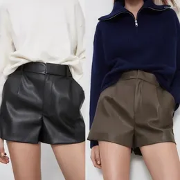 Women's Shorts 2024 Women Fashion Faux Leather High Waist Side Pockets Vintage Zipper Female Wide Leg Streetwear Ropa