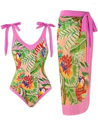 Women's Swimwear 2024 Print String 2 Pieces Swimsuit With Beach Skirt Sexy Women Bathing Suit Female Swimming Summer Beachwear Bodysuit