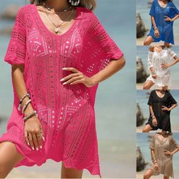 Womens V-Neck Bikinis Cover Up Sexy See Through Swimsuit Ladies Hollow Out Beach-Dress Bathing Suit