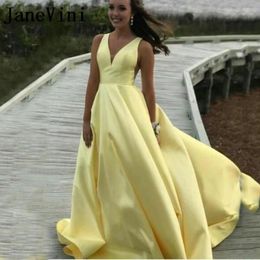 Party Dresses JaneVini Elegant Daffodil Yellow Prom Long A Line Satin Evening Gowns Open Back Girls Plus Size Vestidos 2024