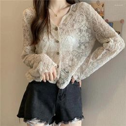 Women's Blouses High Quality Lace Blouse Women Sheer Long Sleeve Sunscreen Shirt Cardigan Vacation Korean Elegant Casual Sun Protection Top