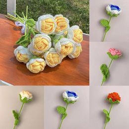 Decorative Flowers Simulated Wool Hand-knitted Gradient Rose Flower Crochet Fake Bouquet Wedding Party Home Decor Valentine's Day Gift