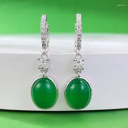 Stud Earrings Jewellery S925 Silver Inlaid 8 10 Simulated Green Jade Chalcedony Rich Woman Style Luxury