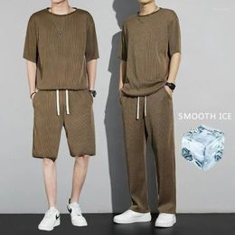 Men's Tracksuits 2024 Pleated Short Sleeve Luxury T-shirt Japanese Loose Striped Pendant Half Sleeved Korean Trend O-neck Men