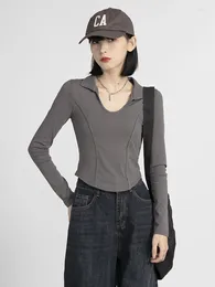 Women's T Shirts LongSleeve T-shirt Cotton Dark Grey Irregular Fishbone Spring Autumn Short Slim Fit PoloCollar Top Inner Bottoming Shirt