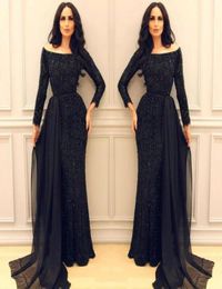 Sparkly Black Sequins Prom Dress Sexy Off Shoulder Long Sleeve Mermaid Celebrity Party Dress Charming Middle East Arabic Arab Even1290923