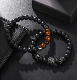 Charm Bracelets 2pcsset Fashion Lion Crown Black Frosted Stone Bead Bracelet Men Classic Matte For Pave CZ Jewelry Gift4555656