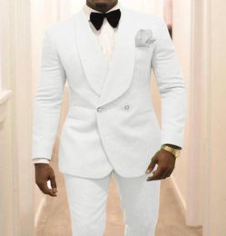 White Men Wedding Tuxedos Shawl Lapel Groom Suits Blazer 2 Piece Dobby Prom Party Dinner Jacket Attire Custom MadeJacketPantsBo8909277