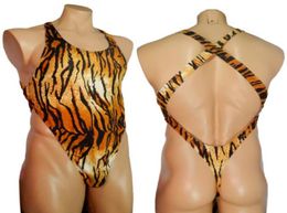 G7284 Mens Thong Back Bodysuit Swim Fabric Stretchy High Cut X Back Onesie Tiger Animal Prints5603586