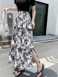 Skirts 2024 Summer Flower Printing Split Cake Women Korean Elastic High Waisted Ruffles Long Skirt Woman Casual A Line