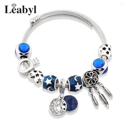 Bangle Classic Dark Blue Crystal Star Moon Charm Bracelet Silver Colour Heart Crown Dream Catcher Bead DIY Jewellery