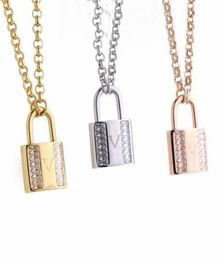 Europe America Fashion Women Lady Titanium steel Thick Chain Necklace With Engraved V Initials Double Row Diamond Lock Charm2496071