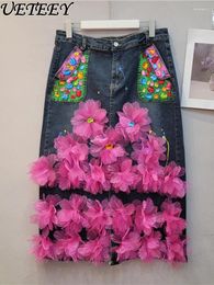 Skirts Fashion Heavy Industry Tie-Dyed Beaded Rose Red Flower Women's Design Sense All-Matching Slimming Jeans Skirt