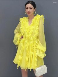 Casual Dresses QING MO 2024 Summer Women Yellow Dress V-neck Long Sleeved Ruffle Edge Mid Length Fashion Elegant Ladies Mesh WZT002