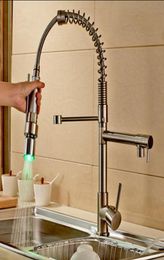 Whole And Retail Brushed Nickel Kitchen Faucet Swivel Spouts LED Sprayer Deck Mounted Vessel Sink Mixer Tap1763328