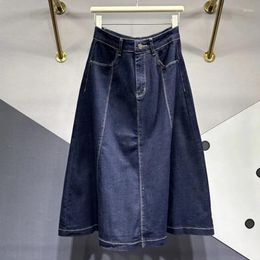 Skirts 2024 Summer Versatile Slim Fit Denim Skirt Casual Deep Blue Large Hem A-line Mid Length