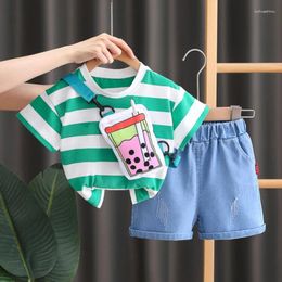 Clothing Sets 2pcs /fashion S Summer 2024 Cute Pearl Milk Tea Satchel O-neck Kids Stripes Shirt Simple Jeans/boys