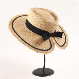 Wide Brim Hats Bowknot Straw Hat For Women Packable Panama Ladies Summer Fedora Beach Sun UPF Party Travel