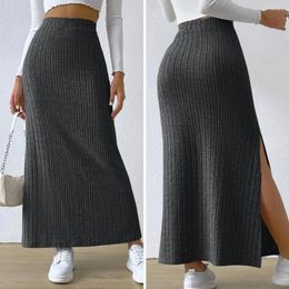 Knitted Long Skirt High-waisted Elegant Striped Maxi For Women High Waist Warm Winter With Split Hem Soft